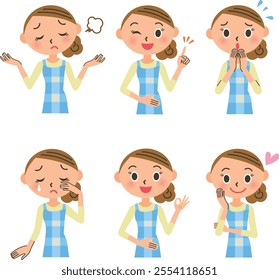 Various upper body poses of a housewife wearing an apron