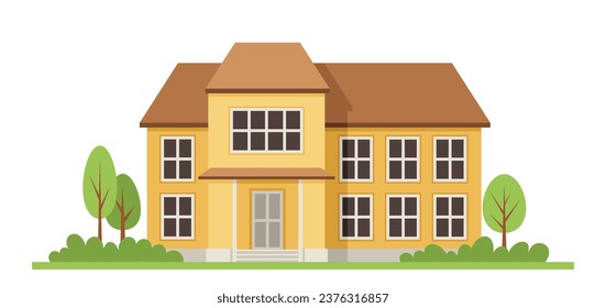 Various urban house. Beige building with trees. Facade and exterior. Architexture and cityscape. Social media sticker. Cartoon flat vector illustration isolated on white background