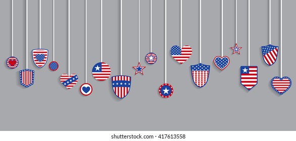 Various USA symbols in red and blue colors hanging on ropes