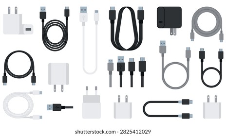 Various usb type c cables, wall charger blocks, micro usb cords, universal power adapters, technology connection accessories set, hardware components.