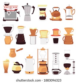 Various utensils and supplies for coffee brewing and serving, flat vector illustration isolated on white background. Crockery set for different methods of coffee brewing.