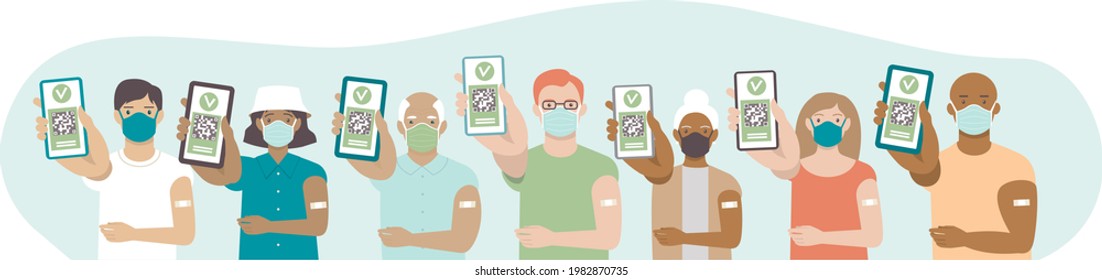 Various Vaccinated people with digital health passports. Young and aged men and women showing an app on their mobile phones. Multiracial group. Green immunity certificate concept. Flat vector 