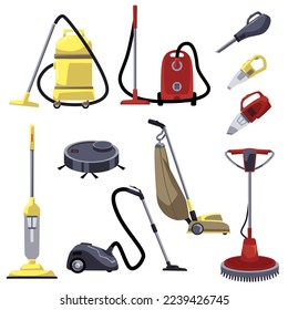 Various vacuum cleaners set, flat vector illustration isolated on white background. Collection of different hoovers - retro and modern. Equipment for floor cleaning.