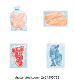Várias ilustrações de alimentos seladas a vácuo para embalagem, preservação e armazenamento, apresentando banco de porcos, pão, carne, peixe e muito mais, em plástico transparente, garantindo economia, frescura e segurança