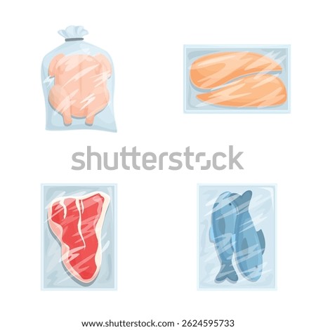 Various vacuumsealed food illustrations for packaging, preservation, and storage, featuring piggy bank, bread, meat, fish, and more, in transparent plastic, ensuring savings, freshness, and safety