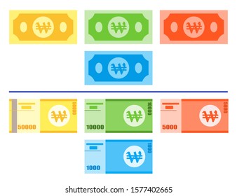 Various value of South Korea Won KRW paper money vector icon logo illustration and design. Korea currency, business payment and finance element.  Can be used for web, mobile, infographic, and print.