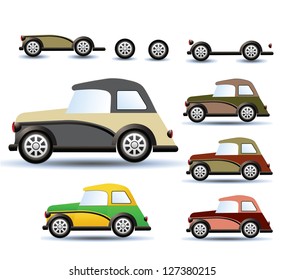 Various variants of a car on a white background