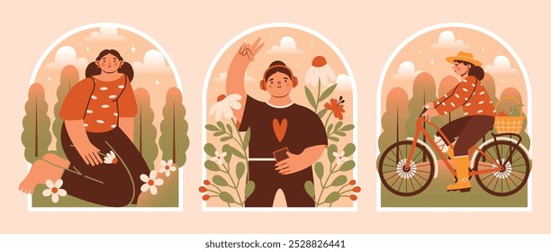 Various variants leisure for women. Naive illustrations with different women, sitting on grass, riding on bicycle, standing in headphones with smartphone in hand among flowers, plants in garden.