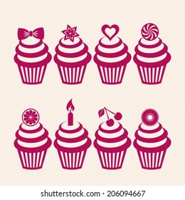 Various vector cupcake silhouettes on light background
