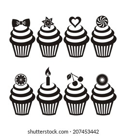 Various vector cupcake silhouettes on white background
