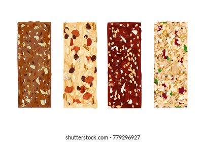 Various vector granola bars isolated on white background. Healthy gluten-free and lactosa free snacks. Energy bars vector