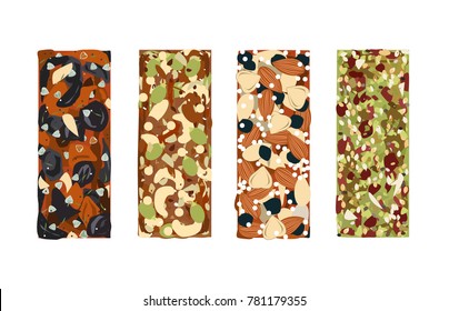 Various vector granola bars isolated on white background. Healthy gluten-free and lactosa free snacks. Energy bars vector