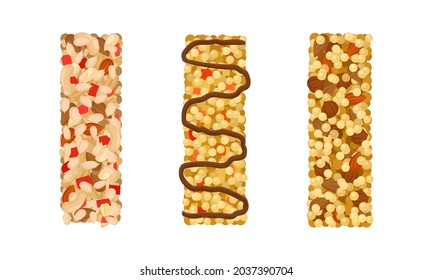 Various vector granola bars with puffed rice and sunflowers seeds set. Healthy, energy, protein bars vector illustration