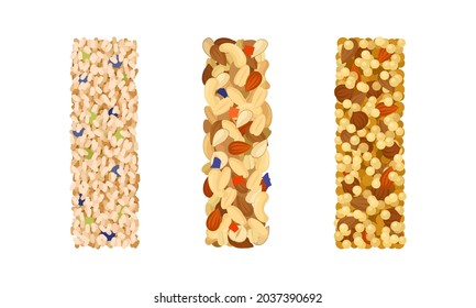 Various vector granola bars with sesame seeds, nuts, hazelnuts, puffed rice set. Healthy, energy, protein bars vector illustration