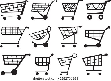 Various vector graphics and clip arts of shopping carts. Push button with symbol shopping cart on a sales portal. Pushing a shopping cart.