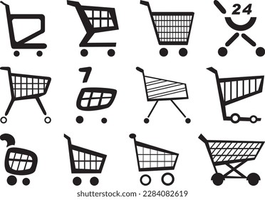 Various vector graphics and clip arts of shopping carts. Push button with symbol shopping cart on a sales portal. Pushing a shopping cart.