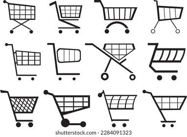 Various vector graphics and clip arts of shopping carts. Pushing a shopping cart. Push button with symbol shopping cart on a sales portal. 