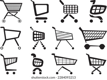 Various vector graphics and clip arts of shopping carts. Push button with symbol shopping cart on a sales portal. Pushing a shopping cart.