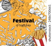 Various vector hand drawn line art fried fries scattered and grouped on a sunny yellow background with text in the middle. Line art, flat fill, vector colored fries, french fries, wedges, chips.