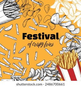 Various vector hand drawn line art fried fries scattered and grouped on a sunny yellow background with text in the middle. Line art, flat fill, vector colored fries, french fries, wedges, chips.