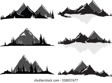 Various vector illustrations of mountains and hills with trees and water. All objects can be un-grouped and easily moved around. If you want to move or copy an element it is very easy to do so.
