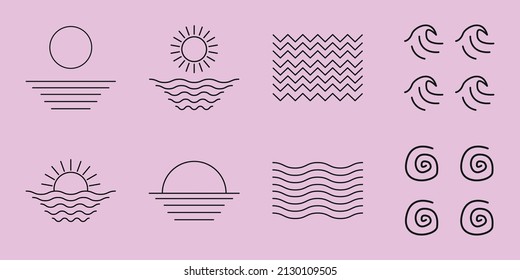 various vector illustrations of river lakes wave water logos, set pack collection package design and set of minimal illustration design vector bundled wave icons, line art wave pack logo design