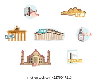 Various vector labels with famous monuments and places of the world.