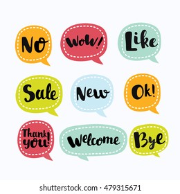 Various Vector Labels in like Useful Symbols in speech bubbles. Like, Ok, New, Wow, No, Like, Sale, Welcome, Thank You, Bye