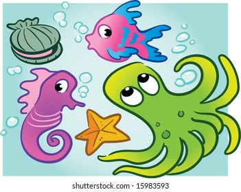 various vector sea creatures: clam, fish, seahorse, octopus, starfish