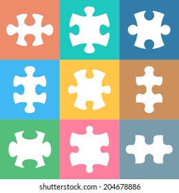 Various vector white puzzle pieces in colorful squares