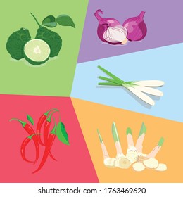 Various vegetable garden On various colored backgrounds
 Red peppers, shallots, kaffir lime, garlic and others