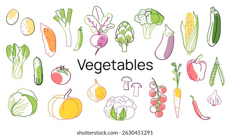 Various vegetable illustrations with hand drawn outline style. Flat cartoon icon set on white background. Healthy food and cooking ingredient collection concept
