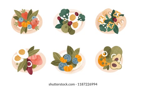 Various vegetable salads set, healthy cooking and eating concept vector Illustrations on a white background