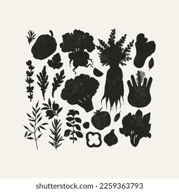 Various vegetable silhouettes collection. Abstract vintage style. Healthy food design. Vector illustration