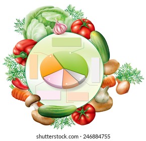 Various vegetables around pie chart infographic elements. Vector illustration