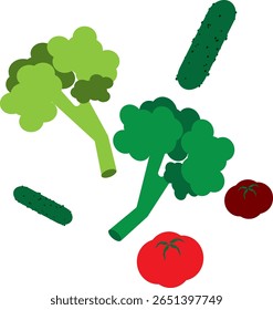 Vários vegetais: brócolis, tomates e pepinos. Ilustração vetorial, ícone ETS10