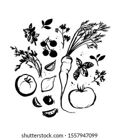 Various vegetables and cooking herbs, hand drawn ink illustration. Imperfect veggies, locally grown. Drawings for recipes book, local farm market, organic products labels. Black and white silhouettes