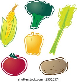 Various vegetables illustration : corn, bell pepper, celery, tomato, potato, brocolli