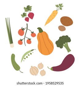 Varias verduras aisladas en el fondo blanco. Conjunto de deliciosos productos vegetarianos frescos, ingredientes para cocinar, comida saludable y saludable. Ilustración vectorial de dibujos animados planos.