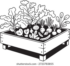 Vários vegetais e verduras de folhas estão crescendo em uma simples cama de jardim levantada de madeira simbolizando produtos caseiros e práticas de jardinagem orgânica.