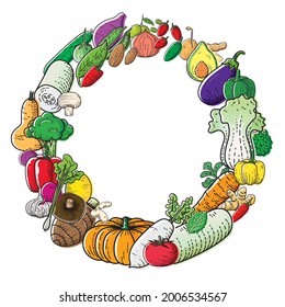 Various of vegetables on white background with blank space for text. Vector illustration of fresh organic vegetable and healthy food concept