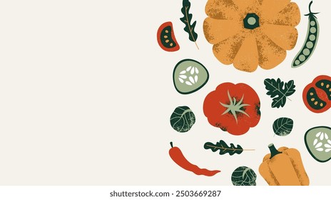 Various of vegetables. Pumpkin with tomatoes and cucumbers. Healthy food composition. Vector illustration