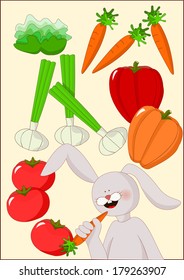 various vegetables with rabbit eating a carrot