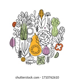 Various vegetables round composition. Linear graphic. Scandinavian minimalist style. Healthy food design. Vector illustration