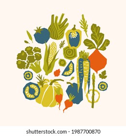 Various vegetables round composition. Papercut style. Healthy food design. Vector illustration