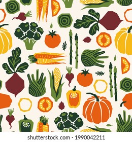
Various vegetables seamless pattern. Papercut style. Healthy food design. Vector illustration