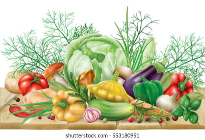 Various vegetables and spices on a wooden surface. vector