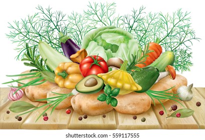 Various vegetables and spices on a wooden surface. vector