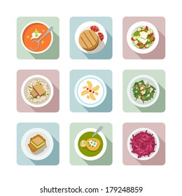 Various vegetarian meals in flat illustration style. Top view