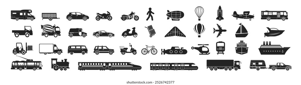 Vários conjuntos de ícones do veículo. Ícones de motocicleta e bicicleta, carro, caminhão pesado, navio, dirigível, avião, trem, helicóptero, empilhadeira, motorhome